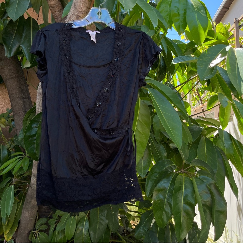 Vintage Y2K black lace top with ties on the side with sequin & beaded detailing